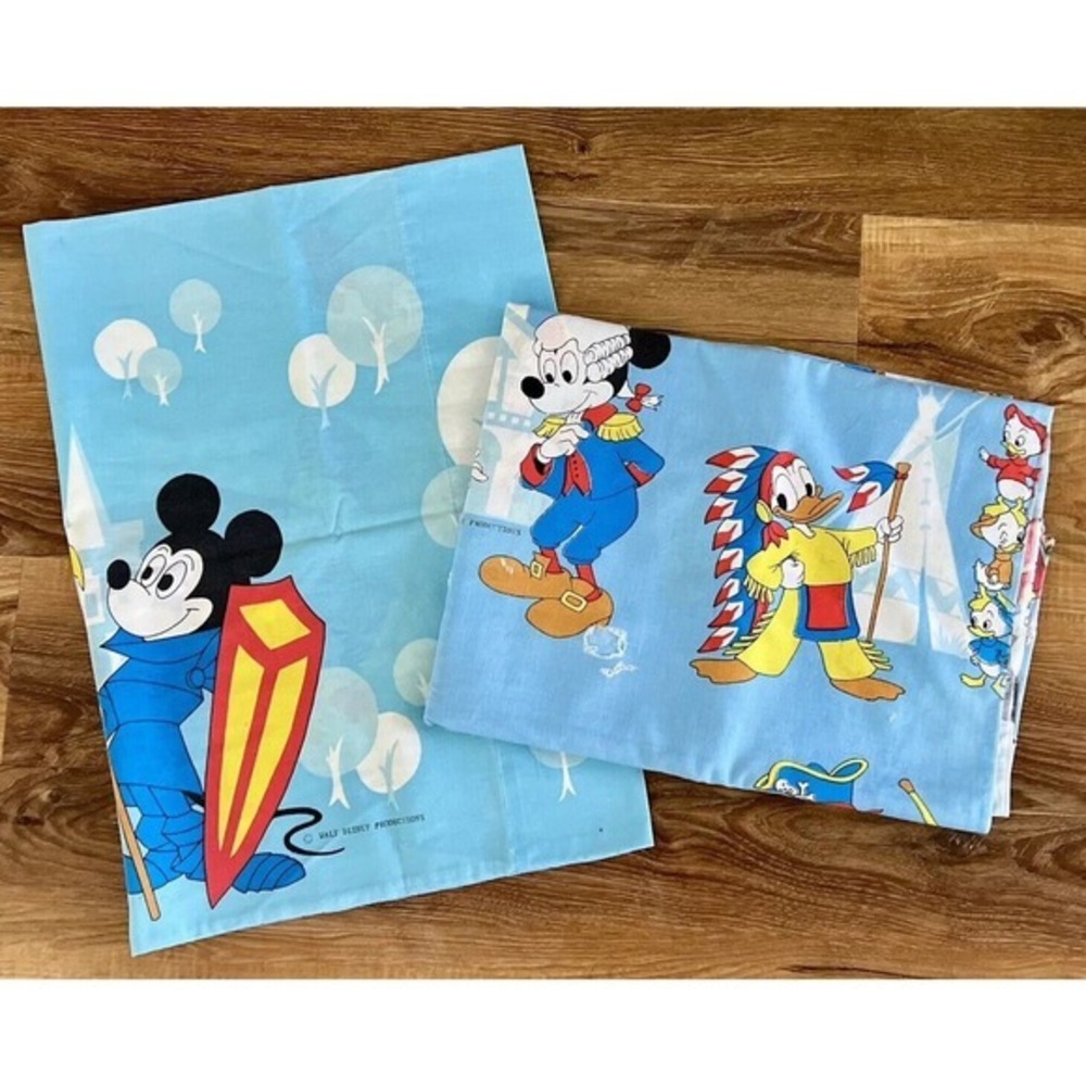 VTG 70s 80s Walt Disney Frontierland Flat Twin Bed Sheet & Pillowcase Mickey GUC